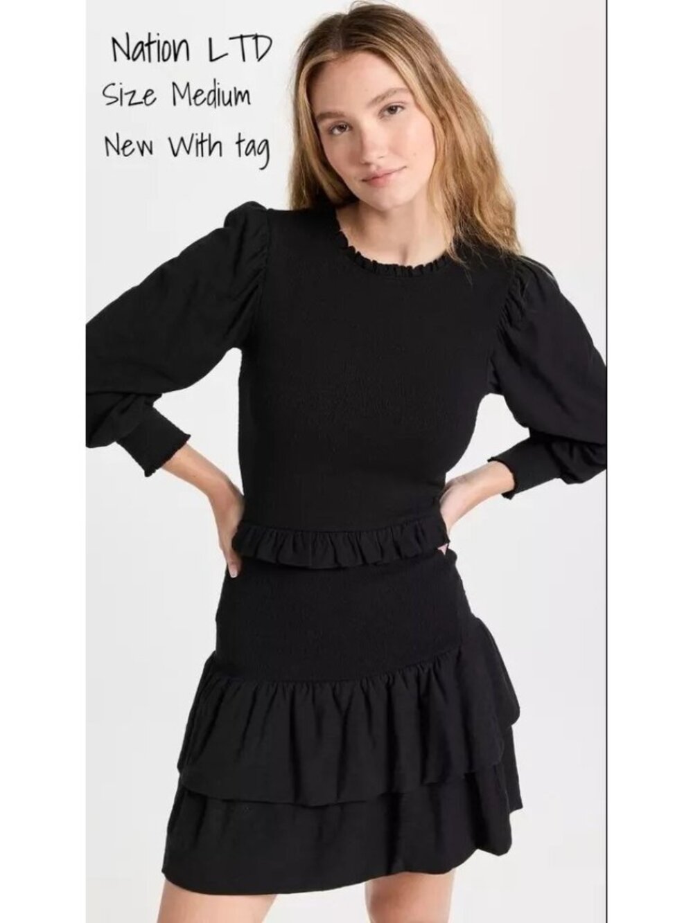 Nation LTD Black Textured Long Sleeve Ruffle Dress - Size M, New With Tags